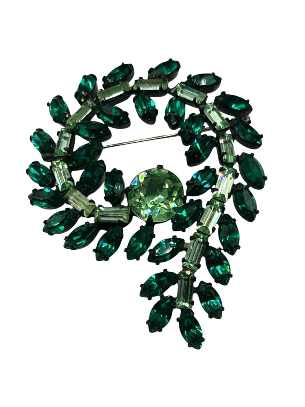 Vintage Schreiner Emerald and Chrysolite Rhinestone Brooch